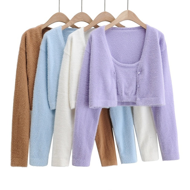 Australia Holiday Plush Camisole  Knitted Long-sleeved Coat Cardigan Women